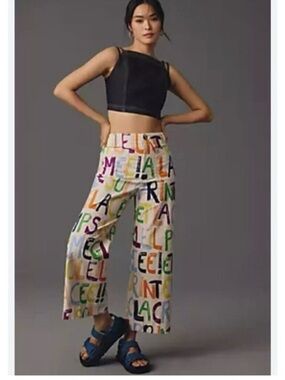 Anthropologie Multicolor Letter-Print Wide-Leg Pants The Colette